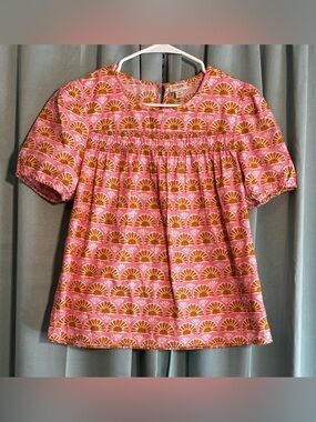 J.Crew Re-Imagined Pink Brown Fan Print Cotton Top Puff Sleeve Blouse Size S